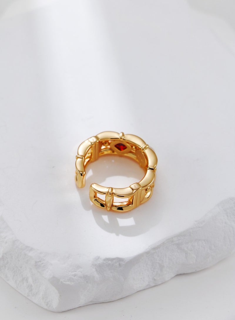 Saraia S925 Sterling Silver Vintage Gold-Plated Pearl and Red Zircon Ring - Unique Line Design - Image 4
