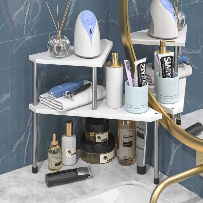 Weenson Bathroom Counter Organizer Over Sink for Toiletries Makeup, Kitchen Countertop Organizer Spice Rack for Salt, 2-Tier Corner Counter Shelf for Coffee Area Storage Dresser Table Bamboo - Image 2