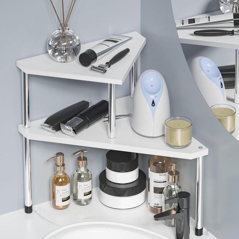 Weenson Bathroom Counter Organizer Over Sink for Toiletries Makeup, Kitchen Countertop Organizer Spice Rack for Salt, 2-Tier Corner Counter Shelf for Coffee Area Storage Dresser Table Bamboo - Image 1