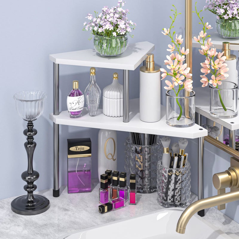 Weenson Bathroom Counter Organizer Over Sink for Toiletries Makeup, Kitchen Countertop Organizer Spice Rack for Salt, 2-Tier Corner Counter Shelf for Coffee Area Storage Dresser Table Bamboo - Image 3