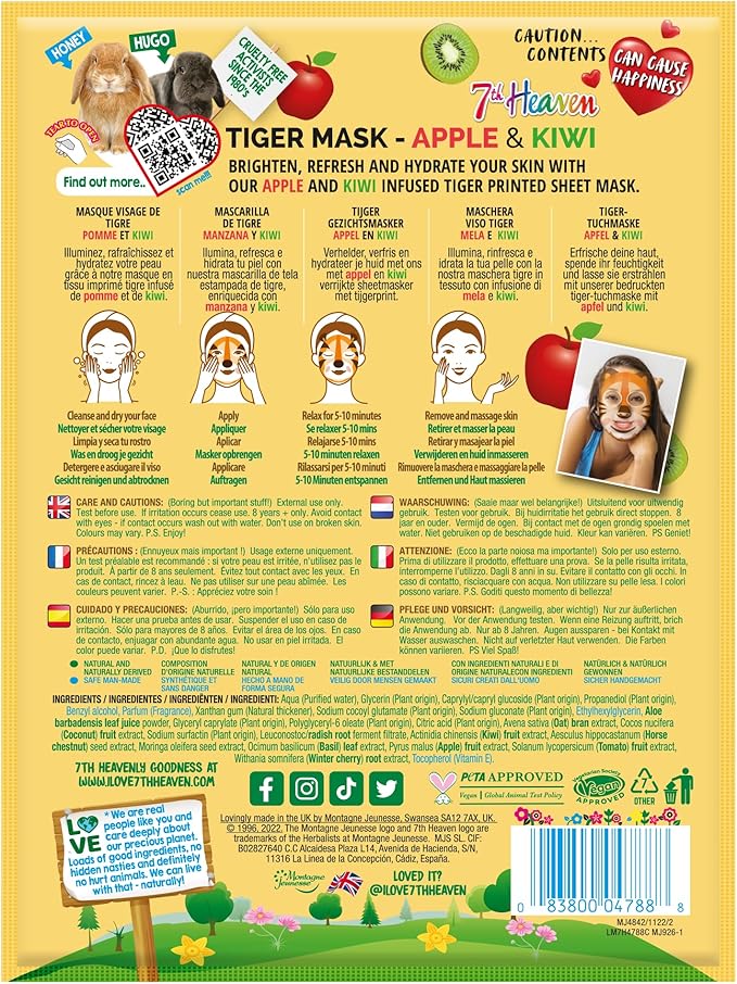 7th Heaven Tiger Sheet Face Mask Apple and Kiwi Revitalising Mask To Refresh Tired Skin - Image 2