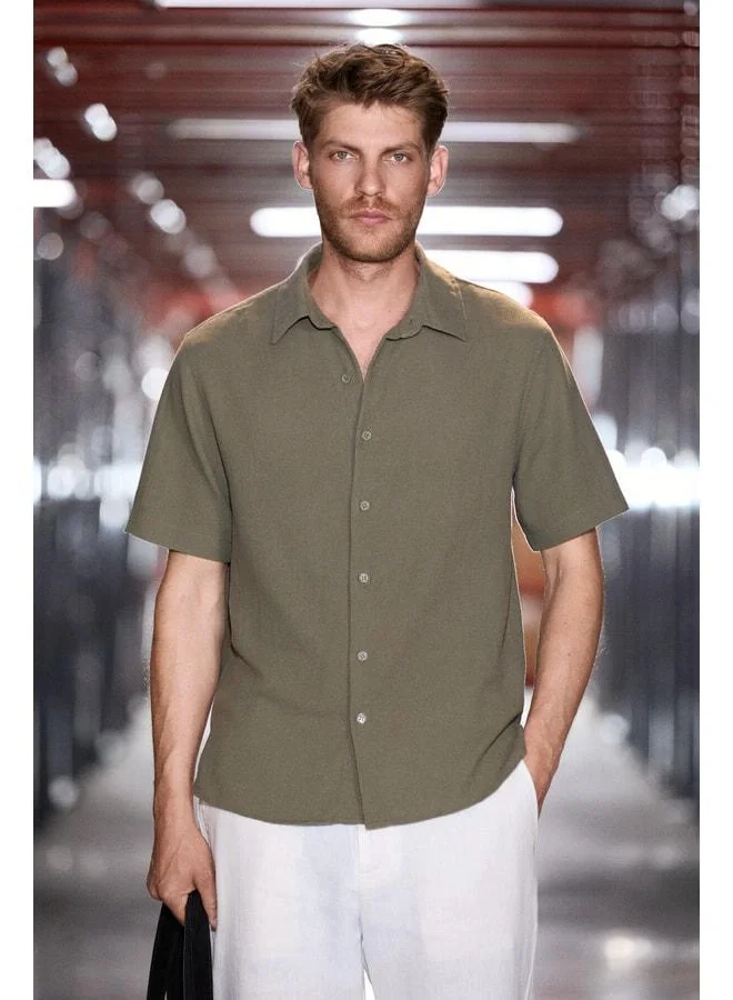 GRIMELANGE LUNAS Men's 100% Organic Cotton Body-Fitting Regular Fit Khaki Shirt.
