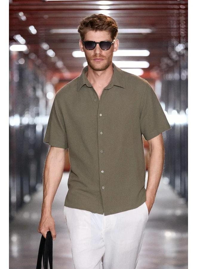 GRIMELANGE LUNAS Men's 100% Organic Cotton Body-Fitting Regular Fit Khaki Shirt.