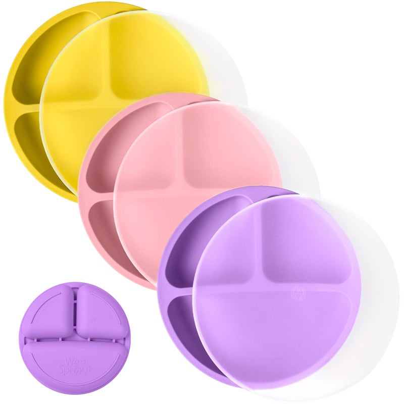 WeeSprout Silicone Plates with Lids for Babies & Toddlers (3 Pack) 100% Food-Grade Dishes for Self Feeding, Divided Design & Raised Edges for Picky Eaters, Dishwasher & Microwave Safe Weaning Supplies - Image 1
