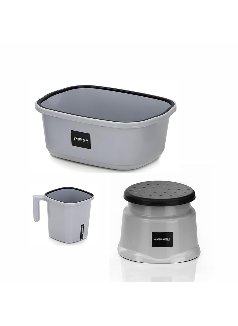 ACTIONWARE - ACTIONWARE Plastic Bathroom Set of 3 Combo (20L Tub X 1/1.5L Mug X 1 / Round Patla Stool X 1) Bath Set for Home, Hotel, Hostel Grey Colour - Image 1