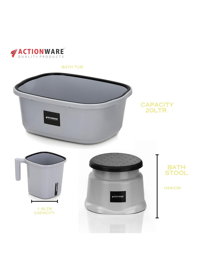 ACTIONWARE - ACTIONWARE Plastic Bathroom Set of 3 Combo (20L Tub X 1/1.5L Mug X 1 / Round Patla Stool X 1) Bath Set for Home, Hotel, Hostel Grey Colour - Image 1