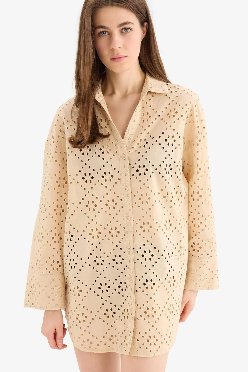 ديفاكتو Fall in Love Regular Fit Cotton Brode Beach Shirt