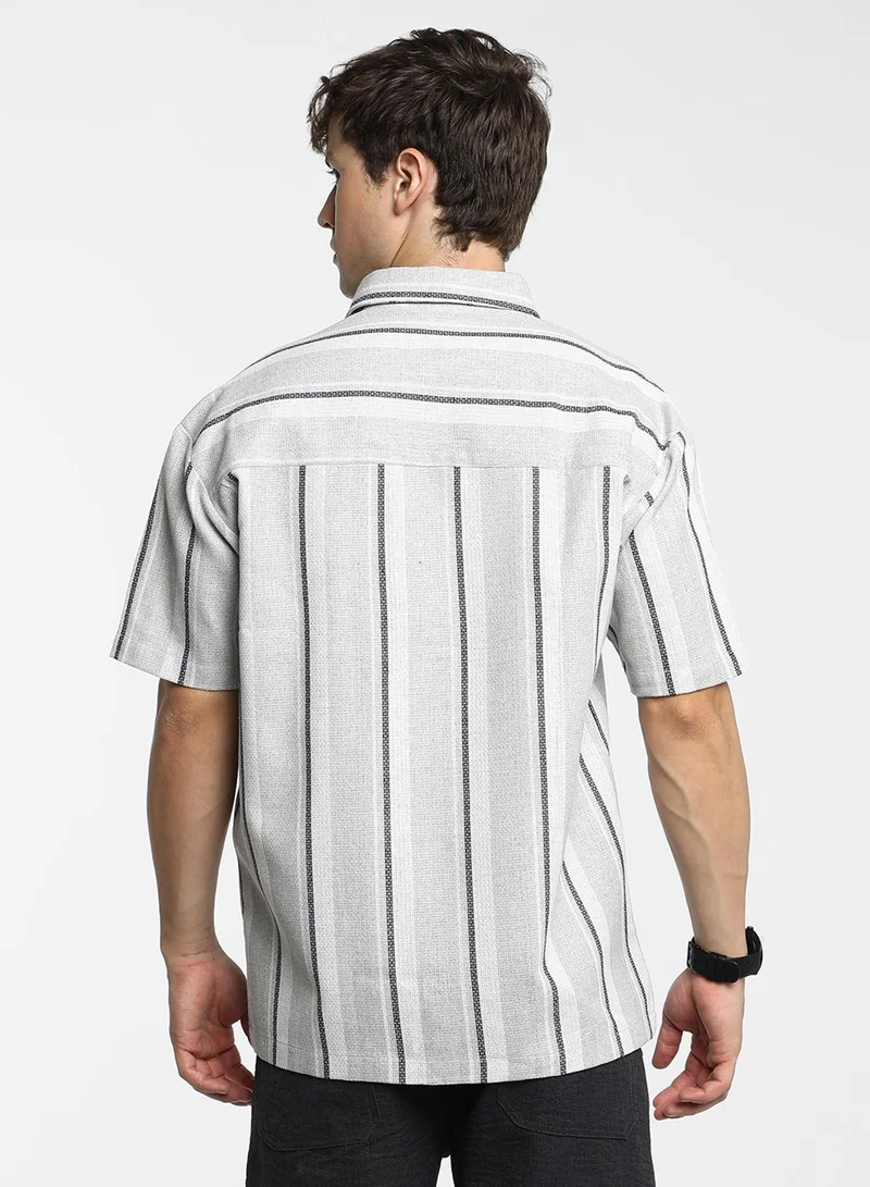 Campus Sutra Men's Ash Grey Unbalanced Striped Shirt