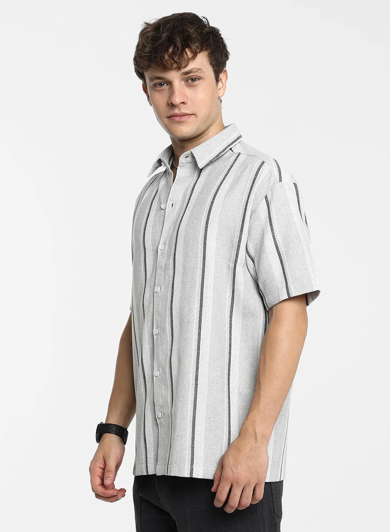 Campus Sutra Men's Ash Grey Unbalanced Striped Shirt