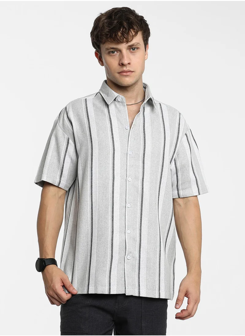 Campus Sutra Men's Ash Grey Unbalanced Striped Shirt
