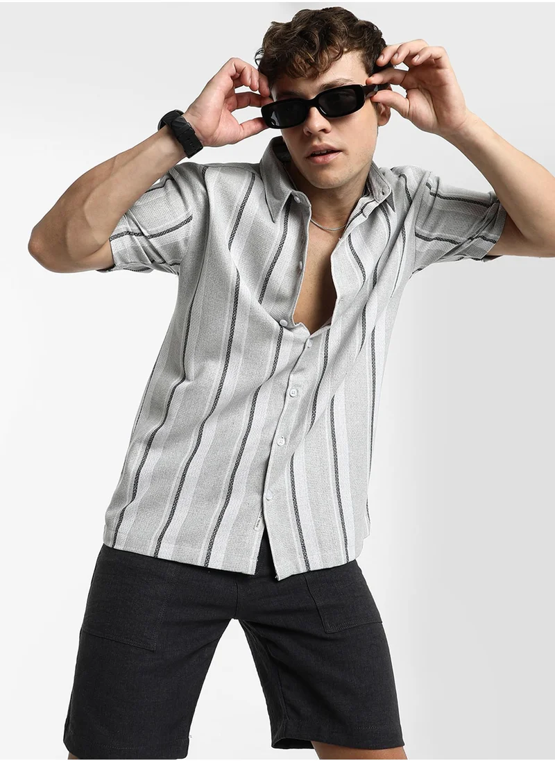 Campus Sutra Men's Ash Grey Unbalanced Striped Shirt