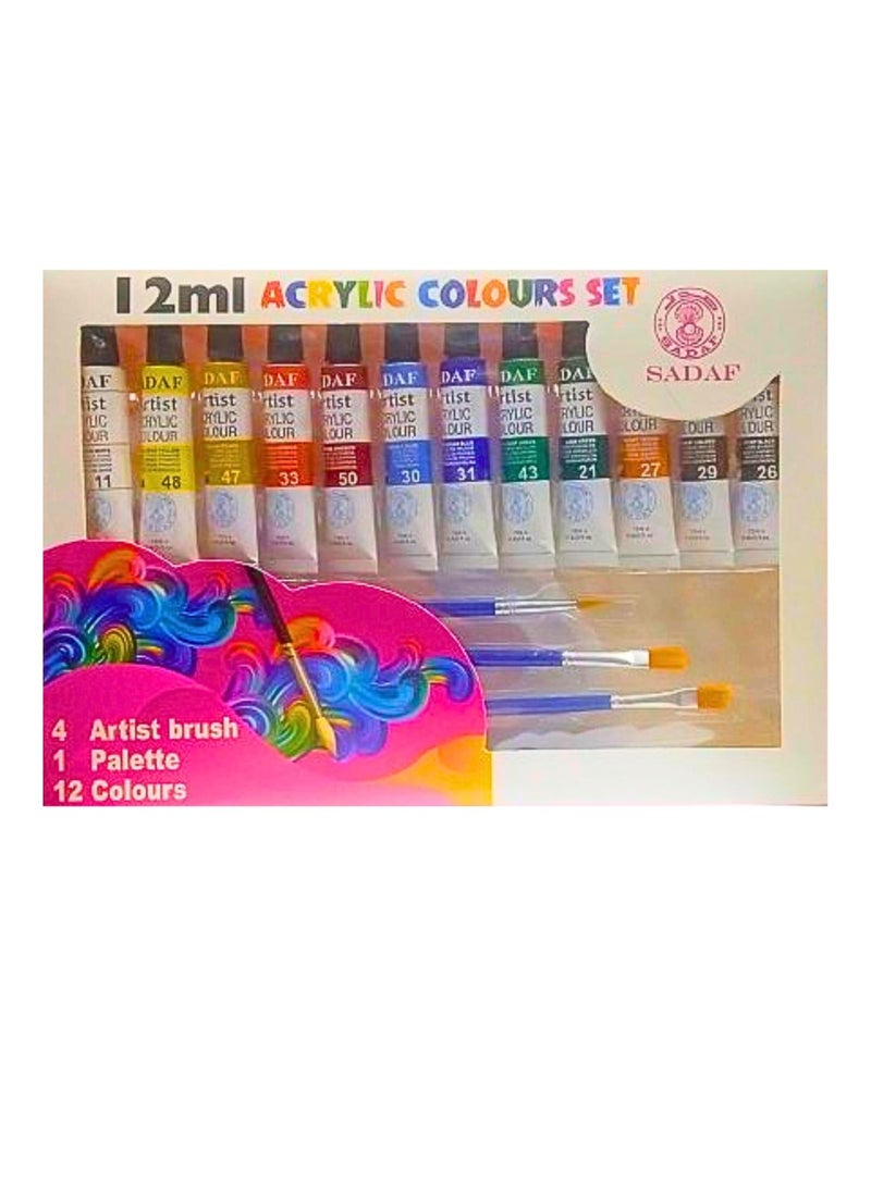 Sadaf Acrylic Colors Set 12ml 12 Colors With Brushes And Plastic Palette - Image 2