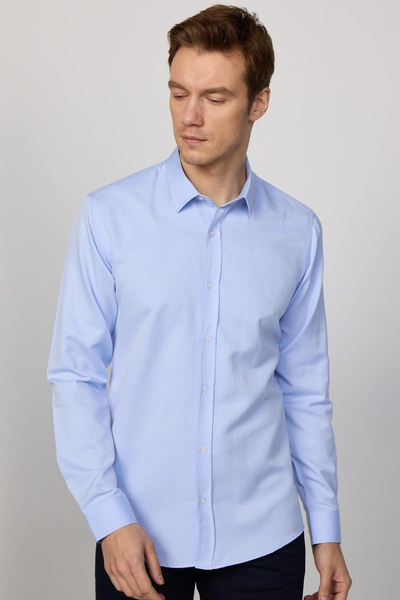 Modern Slim Fit Long Sleeve Cotton Easy-Iron Dobby Men's Blue Shirt