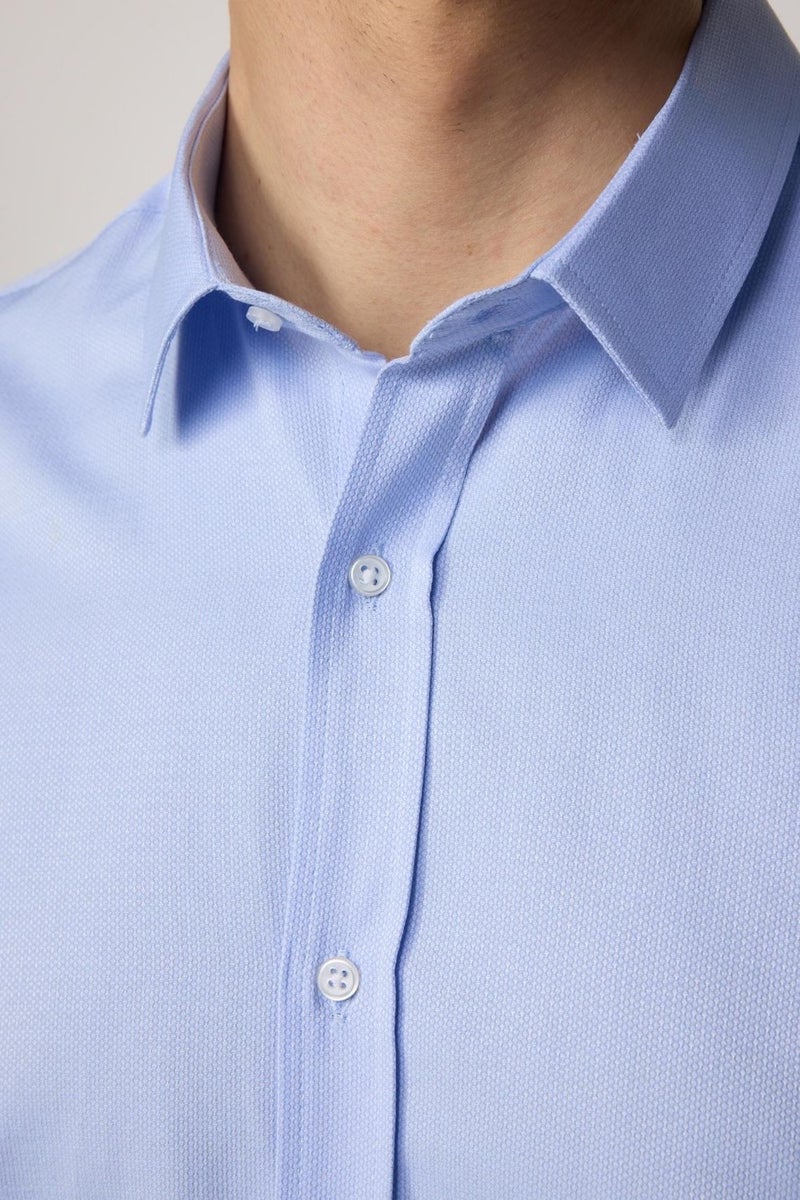 Modern Slim Fit Long Sleeve Cotton Easy-Iron Dobby Men's Blue Shirt