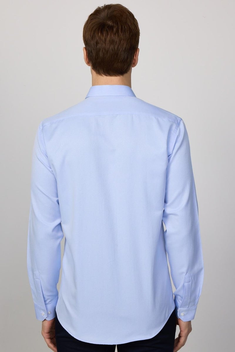 Modern Slim Fit Long Sleeve Cotton Easy-Iron Dobby Men's Blue Shirt