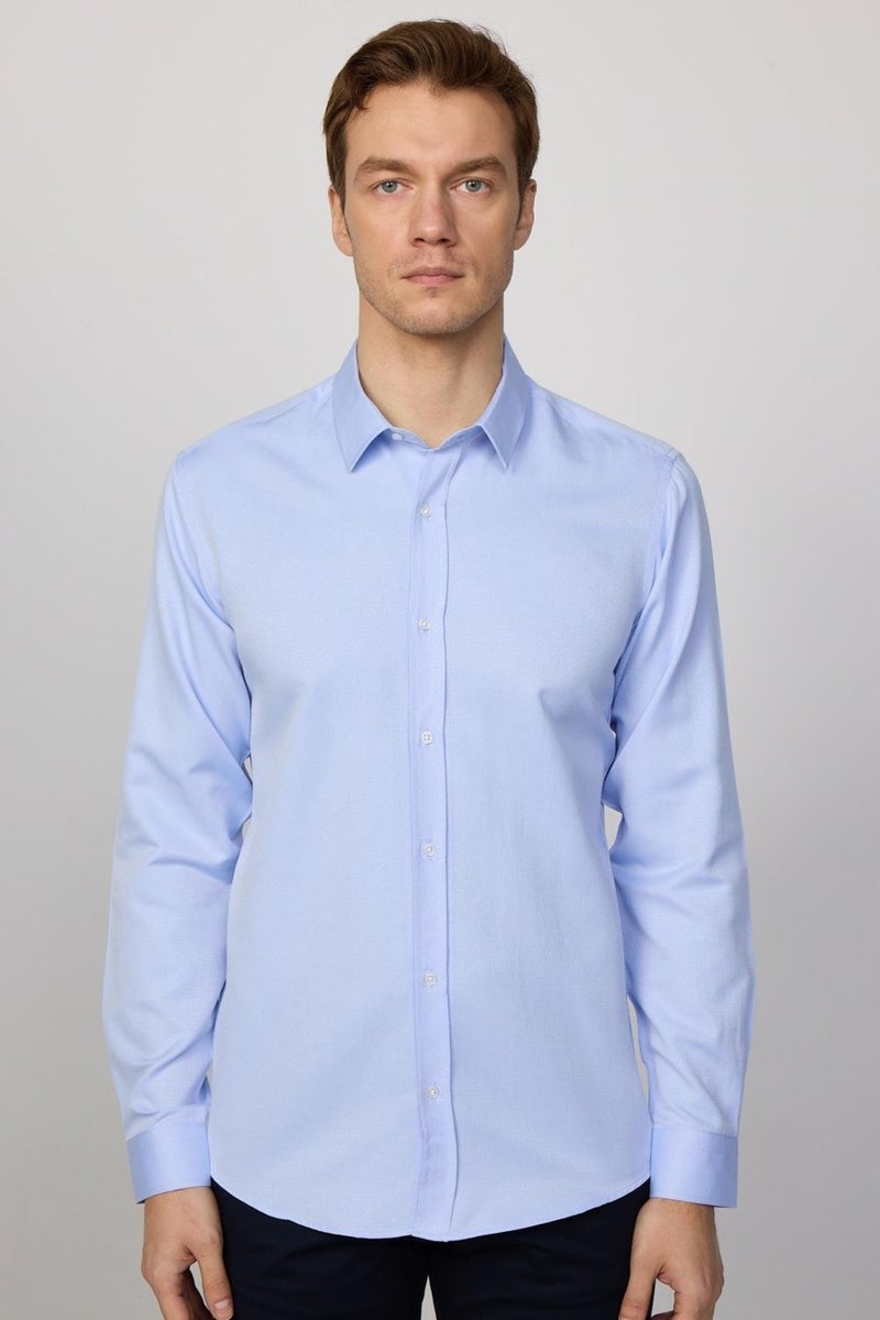 Modern Slim Fit Long Sleeve Cotton Easy-Iron Dobby Men's Blue Shirt