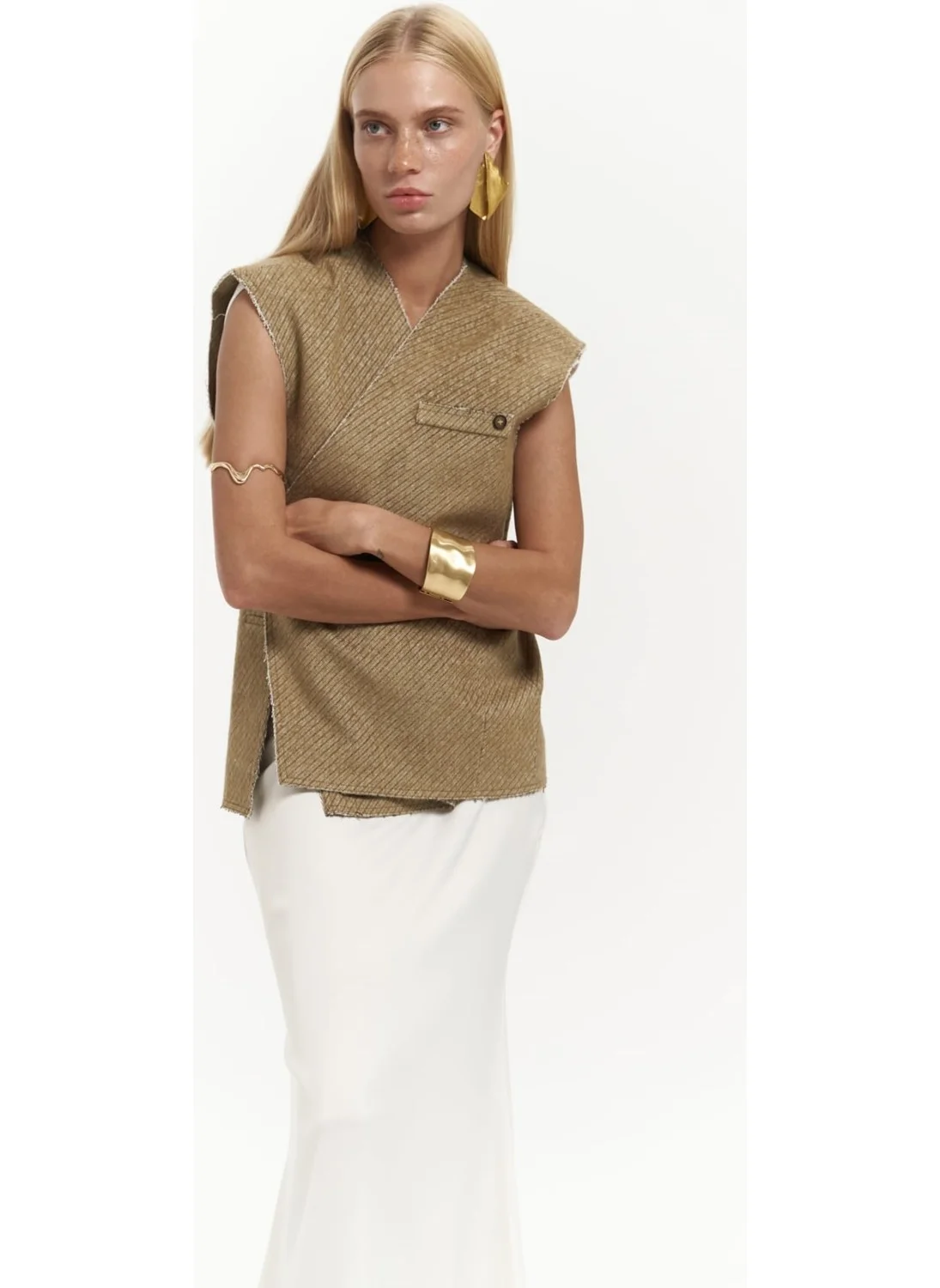 Mai Collection Faven Mustard Side Slit Detail Vest