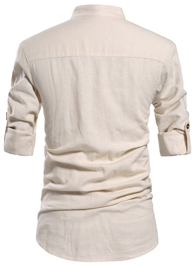 NITAGUT Men's Cotton Linen Blend Shirts , 01 Beige , US M/Chest 38-41 - Image 2