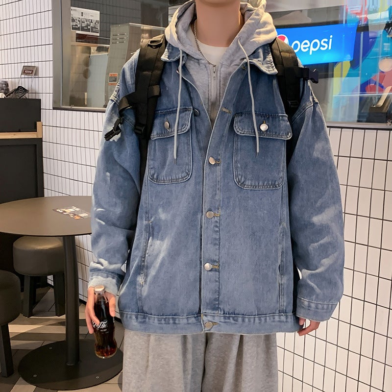Spring and Autumn Denim Jacket Mens Korean Style Fashionable Zipper Hooded Top Japanese Style Hong Kong Style Fashionable Fake Two-Piece Hooded Jacket Blue - Image 1