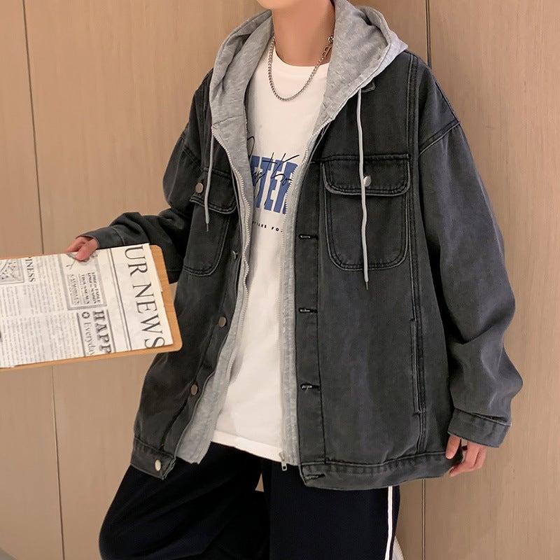 Spring and Autumn Denim Jacket Mens Korean Style Fashionable Zipper Hooded Top Japanese Style Hong Kong Style Fashionable Fake Two-Piece Hooded Jacket Blue - Image 2