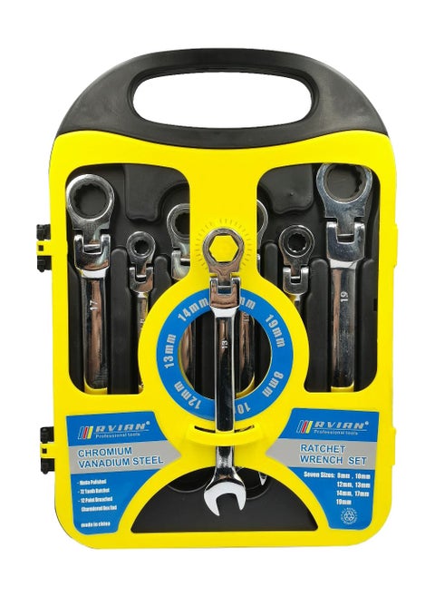 7 Pcs Spanner Set Flexible Head Ratchet Wrench Set 8-19mm, Combination Wrench Cr-V Steel 72 Tooth - RVIAN