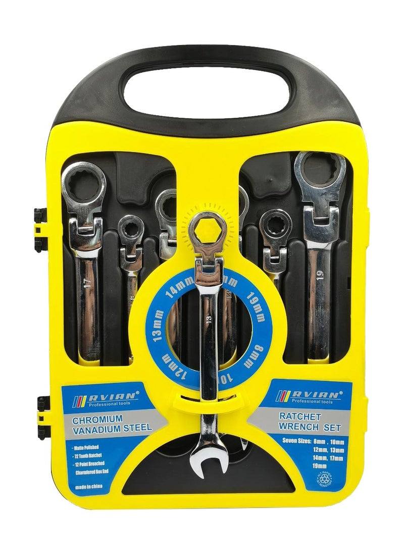 7 Pcs Spanner Set Flexible Head Ratchet Wrench Set 8-19mm, Combination Wrench Cr-V Steel 72 Tooth - RVIAN