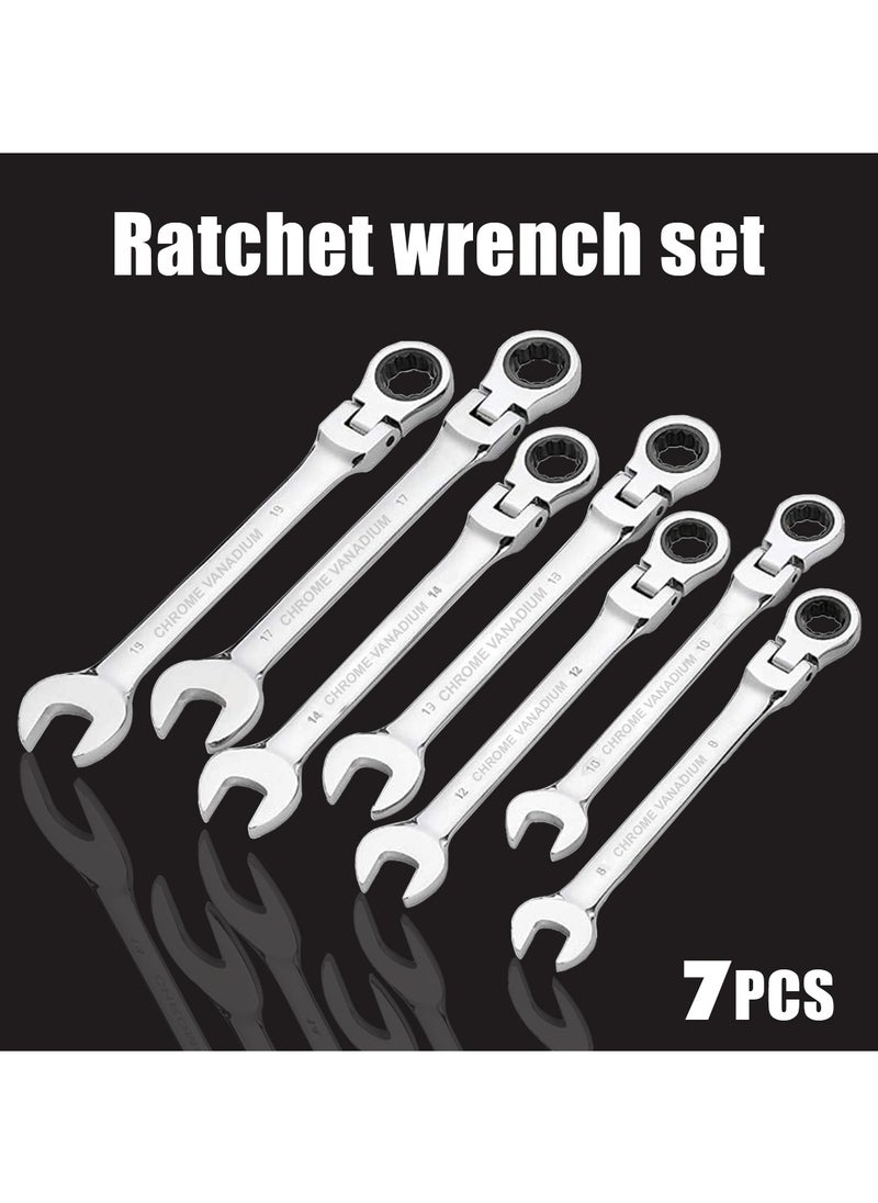 7 Pcs Spanner Set Flexible Head Ratchet Wrench Set 8-19mm, Combination Wrench Cr-V Steel 72 Tooth - RVIAN