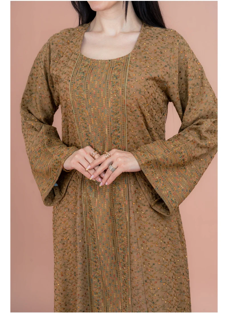 IKKXA Modern Embroidered Jalabiya IN091 Brown