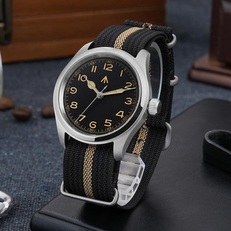 TACTICAL FROG Militado ML08 Japanese Sweep VH31 Field Watch 38mm Men's Military Watch Sapphire Crystal 10 ATM Waterproof Analog Watches for Men and Women, Black Yellow Dial - Image 2