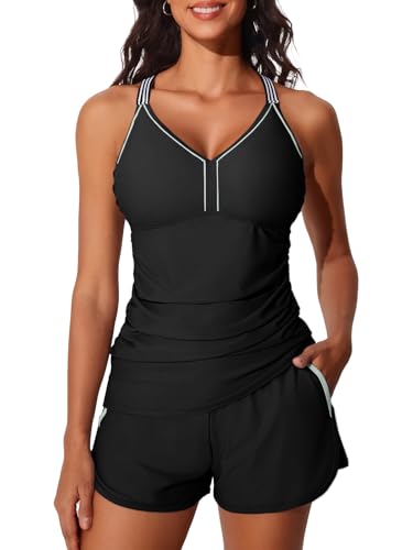 Summer Mae Modest Tankini Swimsuits for Women 2025 Two Piece Bathing Suits with Sporty Pockets Boy Shorts for Tummy Control Pure Black Size 10 - Image 1