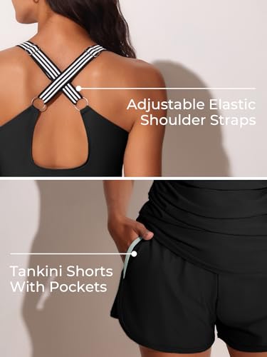 Summer Mae Modest Tankini Swimsuits for Women 2025 Two Piece Bathing Suits with Sporty Pockets Boy Shorts for Tummy Control Pure Black Size 10 - Image 3