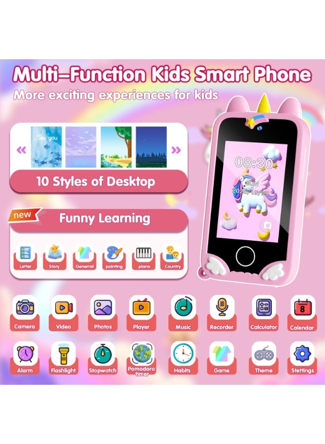 هاتف أطفال - ألعاب للفتيات من عمر ٣-١٠ سنوات، هدايا عيد الميلاد والكريسماس للبنات، هاتف ذكي للأطفال بشاشة لمس ٢.٨ إنش، بكاميرتين، ألعاب، مشغل موسيقى، بطاقة ذاكرة ٣٢ جيجابايت، لعبة تعليمية للأطفال - Image 2