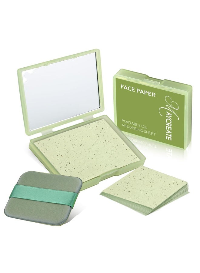 MAYCREATE® 100Pcs Face Blotting Paper for Oily Skin, Oil Blotting Sheets for Face, Natural Linen Oil Paper for Face, Blotting Paper for Makeup, Built-in Mirror & Powder Puff for Women Men (Green Tea) - Image 3