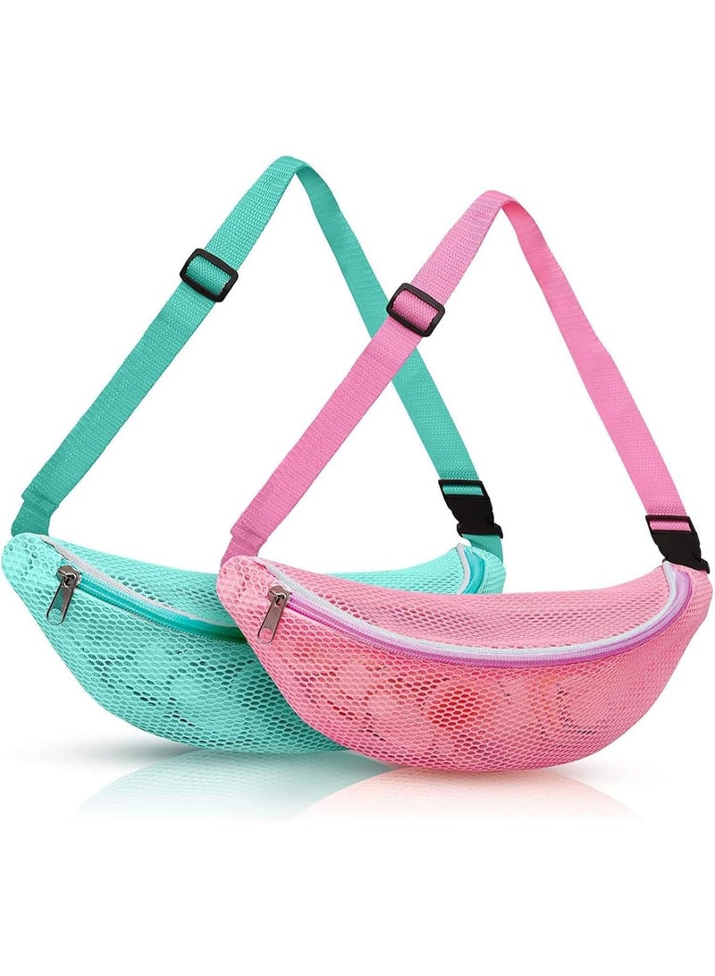 Luckam Mesh Beach Bag with Adjustable Strap, Shell Collecting Fanny Pack, Lightweight Breathable Pouch for Seashells, Rocks & Beach Treasures, Vacation Essentials for Boys & Girls (Blue and Pink, 2-pack) - Image 1