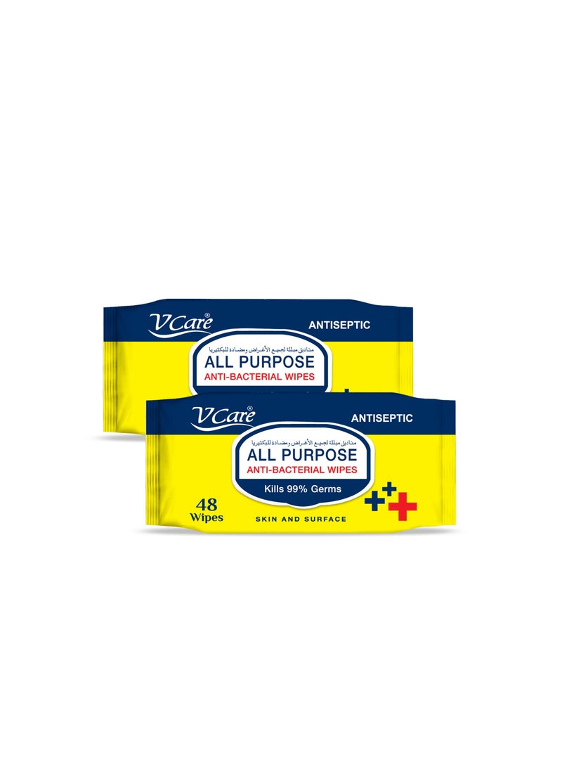 VCare V Care All Purpose Anti Bacterial Wipes 2 x 48 Count  - Image 1