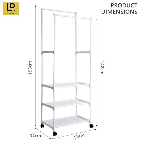 LEOPAX Heavy Duty Garment Rack, Multipurpose Dual Pole Metal Cloth Storage Organizer with 3 Bottom Shelves & Wheels for Bedroom, Hallway & Entryway - Size - (55 x 34 x 153) cm - White - Image 5