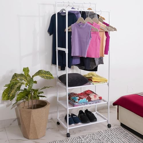LEOPAX Heavy Duty Garment Rack, Multipurpose Dual Pole Metal Cloth Storage Organizer with 3 Bottom Shelves & Wheels for Bedroom, Hallway & Entryway - Size - (55 x 34 x 153) cm - White - Image 1