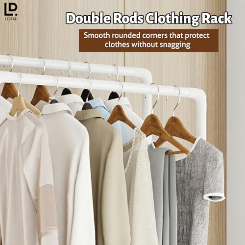 LEOPAX Heavy Duty Garment Rack, Multipurpose Dual Pole Metal Cloth Storage Organizer with 3 Bottom Shelves & Wheels for Bedroom, Hallway & Entryway - Size - (55 x 34 x 153) cm - White - Image 3