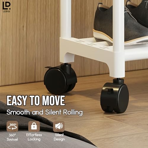 LEOPAX Heavy Duty Garment Rack, Multipurpose Dual Pole Metal Cloth Storage Organizer with 3 Bottom Shelves & Wheels for Bedroom, Hallway & Entryway - Size - (55 x 34 x 153) cm - White - Image 4