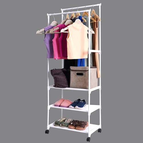 LEOPAX Heavy Duty Garment Rack, Multipurpose Dual Pole Metal Cloth Storage Organizer with 3 Bottom Shelves & Wheels for Bedroom, Hallway & Entryway - Size - (55 x 34 x 153) cm - White - Image 2