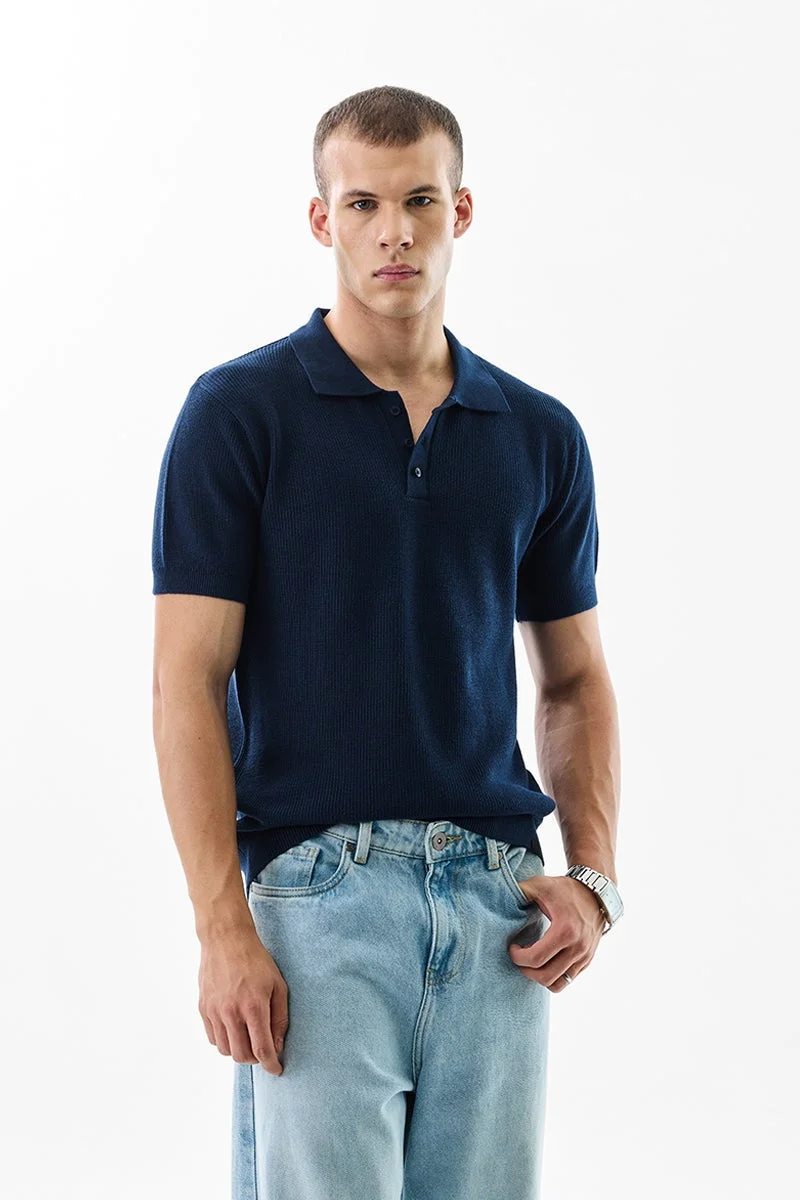 SNITCH Navy Textured Half Sleeve Slim Fit Casual T-Shirt