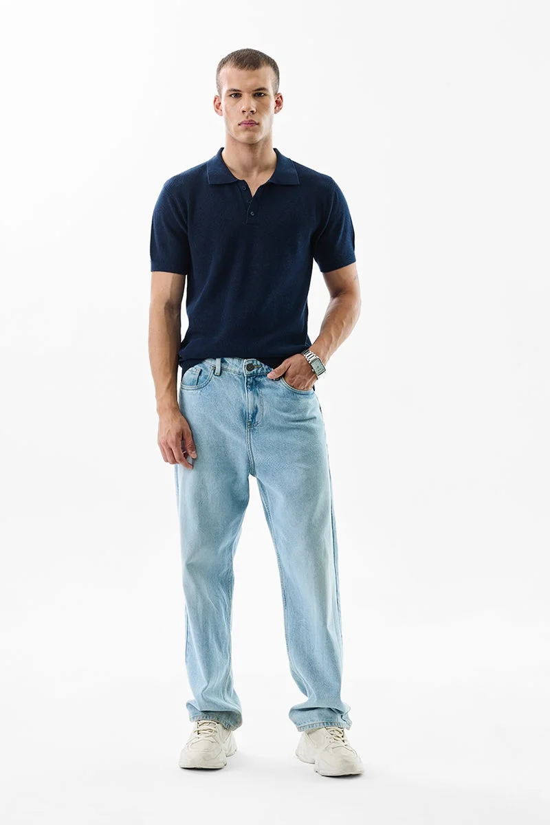 SNITCH Navy Textured Half Sleeve Slim Fit Casual T-Shirt