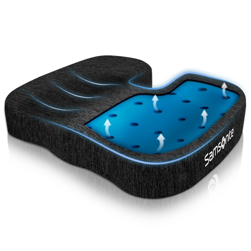 Samsonite Gel Infused Seat Cushion â€“ Ergonomic Cushion for Office Chair, Tailbone Pressure Pad, Coccyx Support for Sciatica, Memory Foam Seat for Car, Desk, or Gaming Chair Use, Black - Image 1