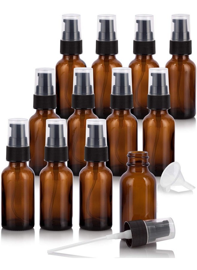 JUVITUS JUVITUS 1 oz / 30 ml Amber Glass Boston Round Bottle with Black Treatment Pump (12 pack) + Funnel Refillable Empty Storage Containers  - Image 1