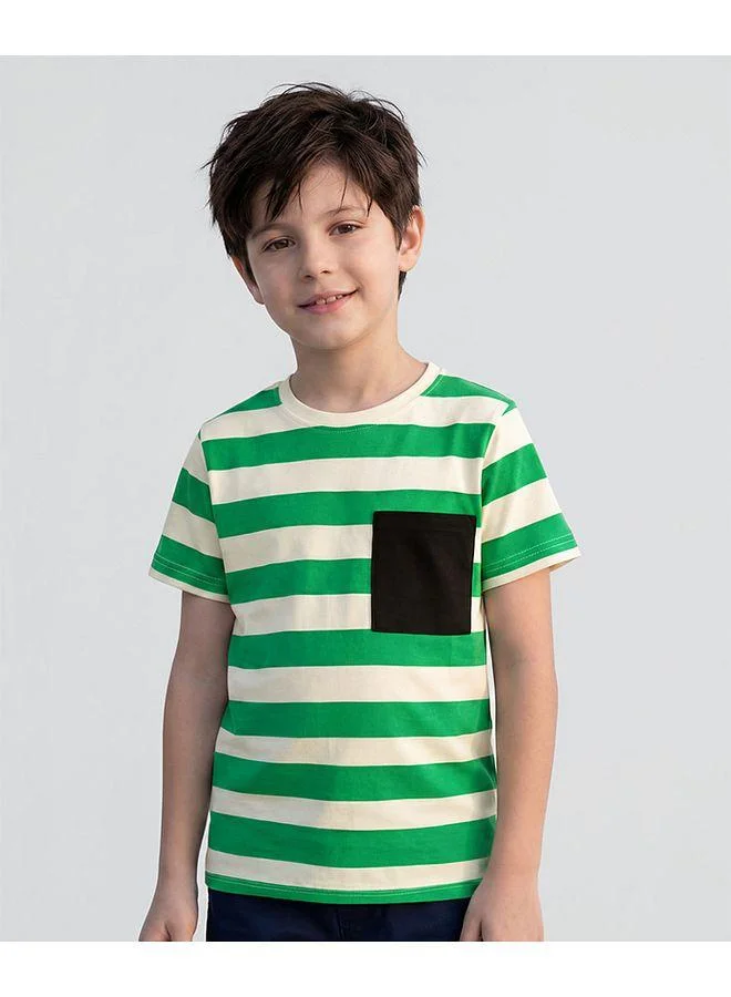 Pine Kids Pine Kids 100% Cotton Knit Striped T-Shirt - Green and White