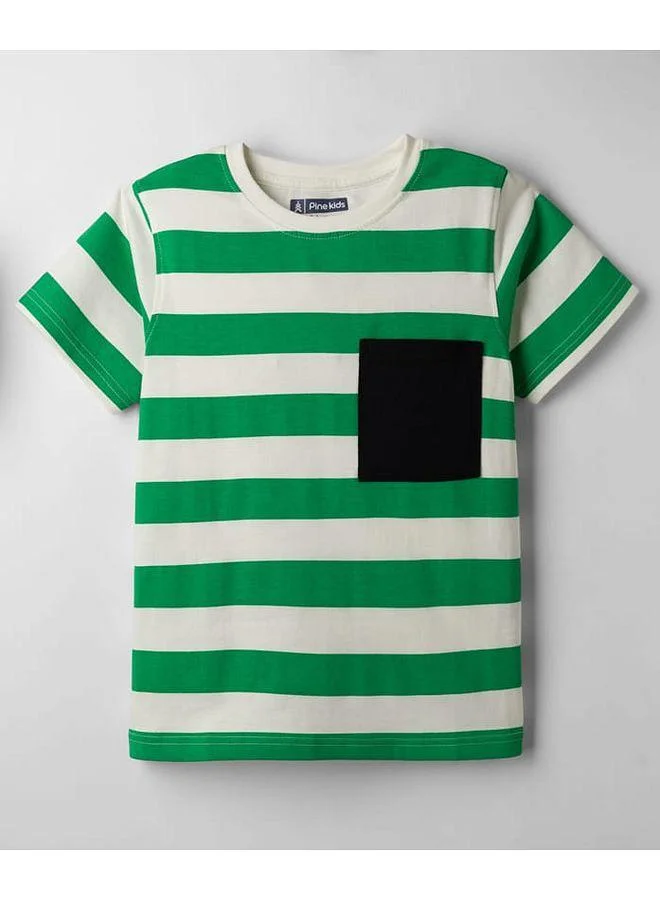 Pine Kids Pine Kids 100% Cotton Knit Striped T-Shirt - Green and White