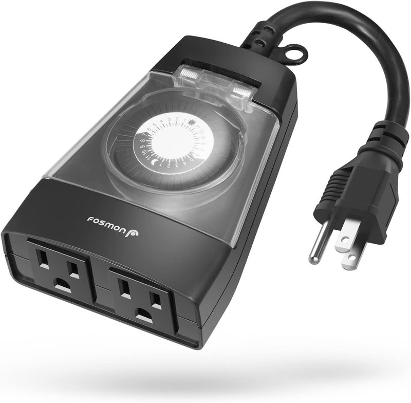 Fosmon Outdoor Dual Timer Outlet Waterproof, Outdoor Light Timer for Electrical Outlets, Weatherproof 24 Hour Mechanical Heavy Duty Plug for Lighting, Garden, 15A, 3-Prong, Grounded, ETL Listed - Image 1