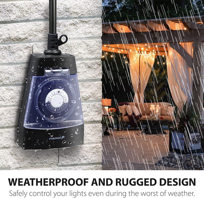 Fosmon Outdoor Dual Timer Outlet Waterproof, Outdoor Light Timer for Electrical Outlets, Weatherproof 24 Hour Mechanical Heavy Duty Plug for Lighting, Garden, 15A, 3-Prong, Grounded, ETL Listed - Image 4