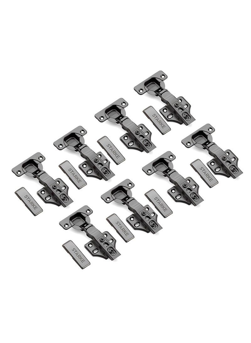 STARKE Pack of 8 Full Over Lay Soft Close Fast Mounted 1 Section Force Buffering Hinge - Black Electroplated, 105 Degree Opening Angle, 14-22 mm Application, Protective Cover & Screws included.  - Image 1