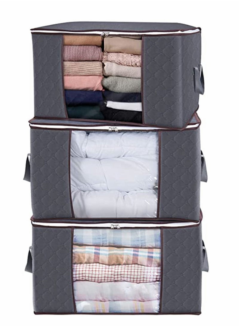 Y&D - Large Capacity Clothes Storage Bag, with Reinforced Handle Thick Fabric for Comforters, Blankets, Bedding, Foldable Sturdy Zipper, Clear Window, 3 Pack, Grey - Image 1